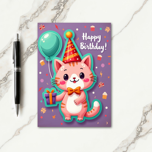 Joyful Pink Cat Birthday Card
