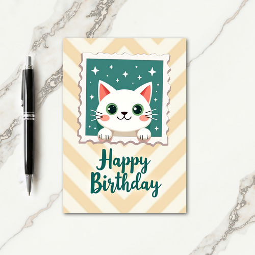 Joyful White Cat Birthday Card