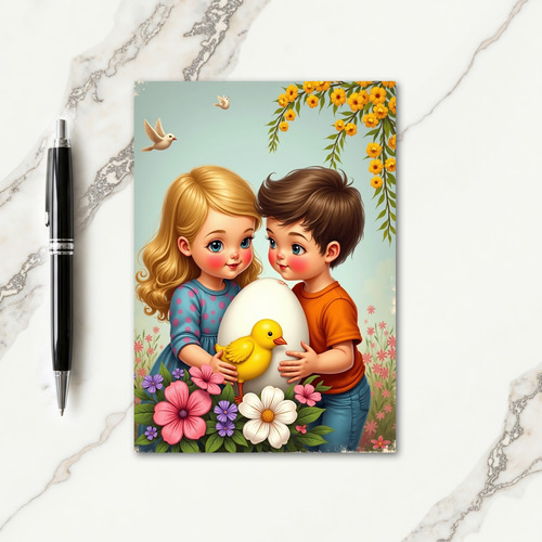 Kids With Egg Springtime Scene Card