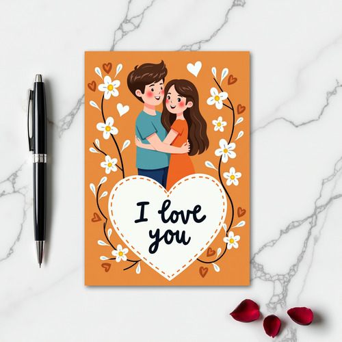 Love Couple Dashed Heart Floral Card