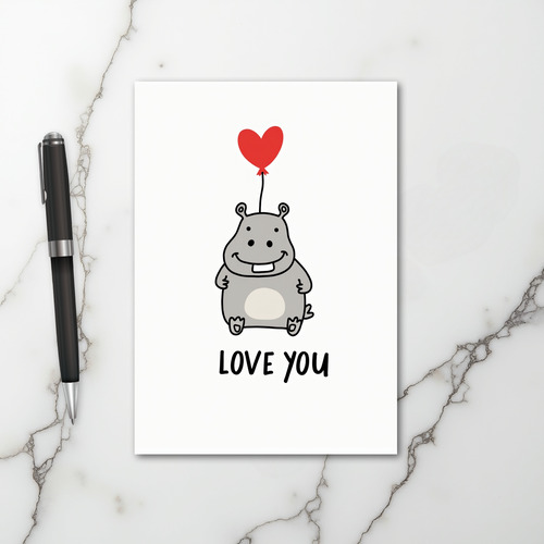 Love You Hippo Heart Balloon Card