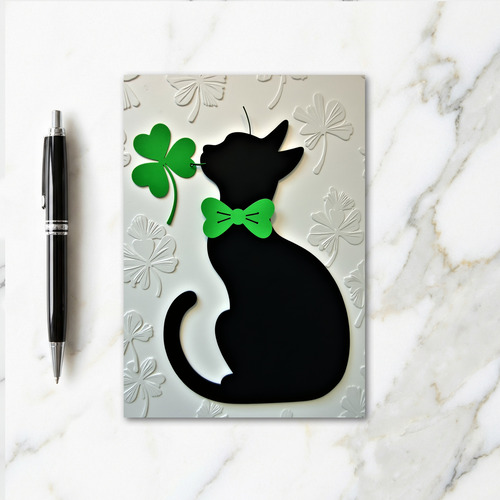 Lucky Black Cat Shamrock Bow Card