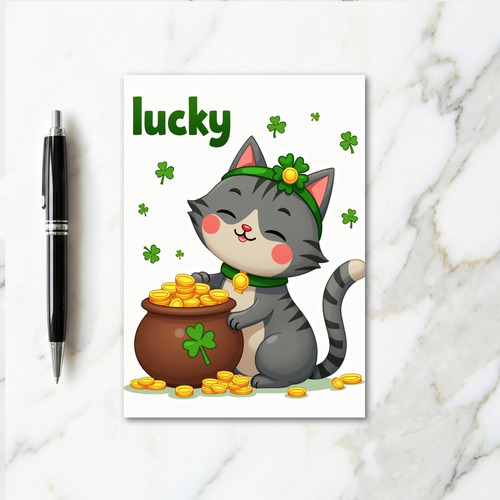 Lucky Cat Gold Pot Greeting Card