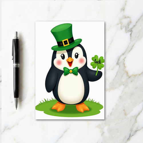 Lucky Penguin Green Top Hat Card