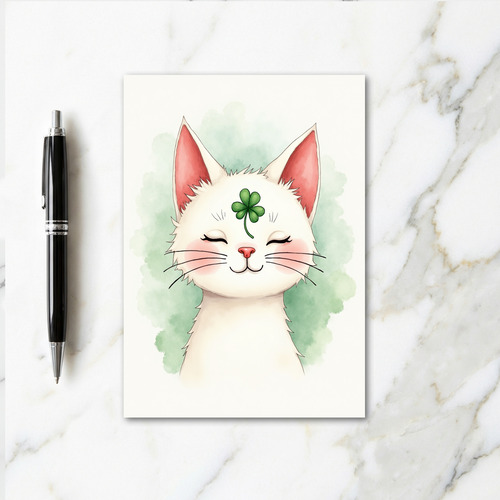 Lucky White Cat Watercolor Card