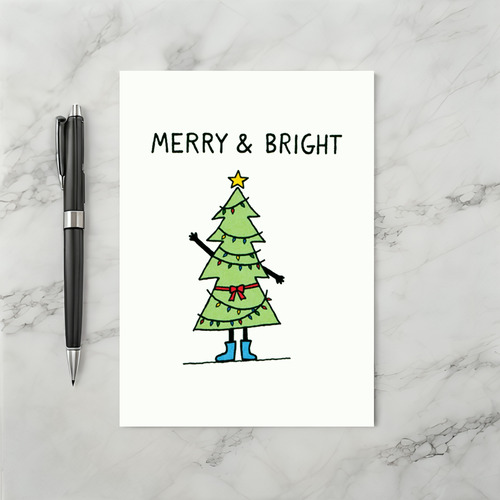 Merry and Bright Christmas Tree Cartoon Holiday Card