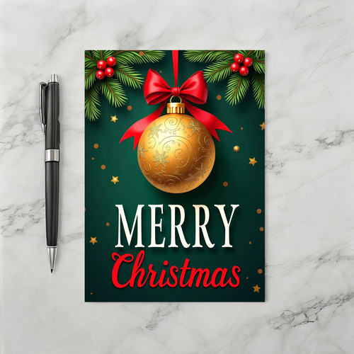 Merry Christmas Card With Gold Ornament