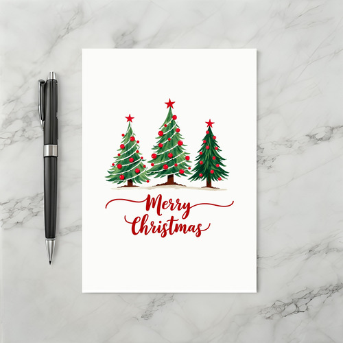 Merry Christmas Card with Three Watercolor Pine Trees