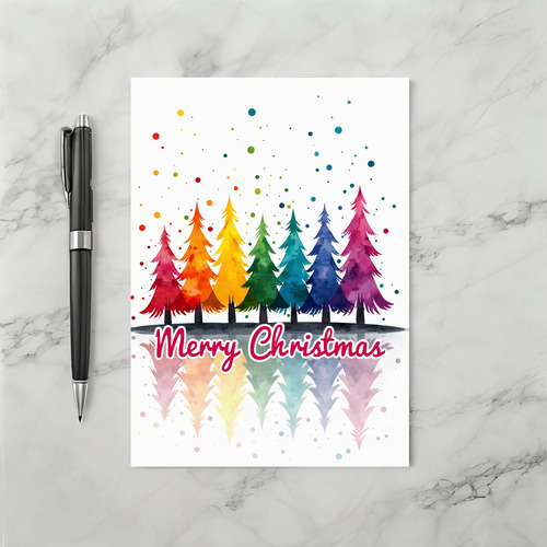 Merry Christmas Rainbow Trees Watercolor