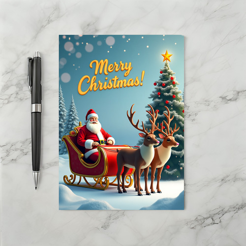 Merry Christmas Santa Reindeer Sleigh Card