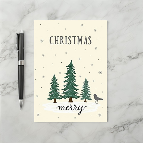 Merry Christmas Snowy Trees With Bird Card