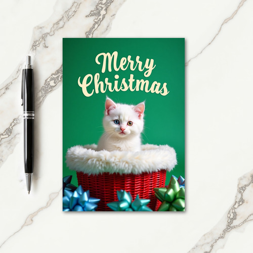 Merry White Cat Basket Card