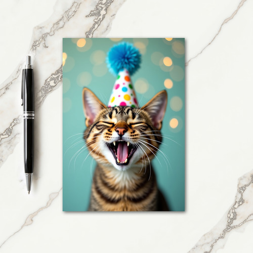 Mirthful Tabby Party Hat Card