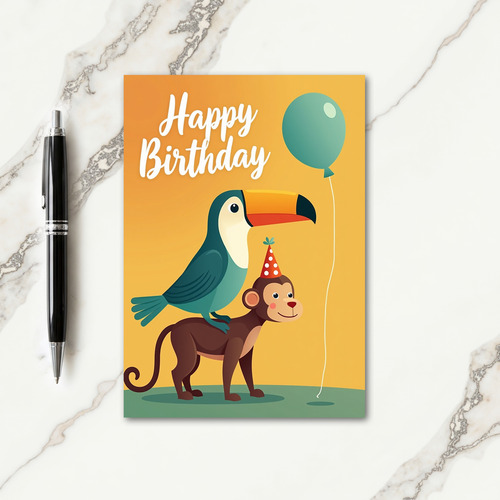 Monkey Bird Party Birthday Card