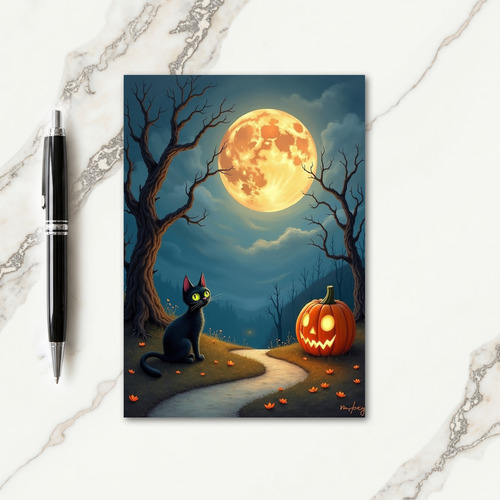 Moonlit Cat And Pumpkin Card