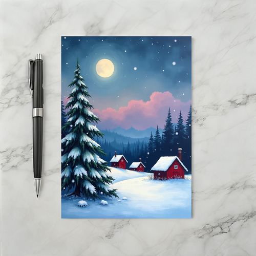 Moonlit Snowy Cabin Night Card