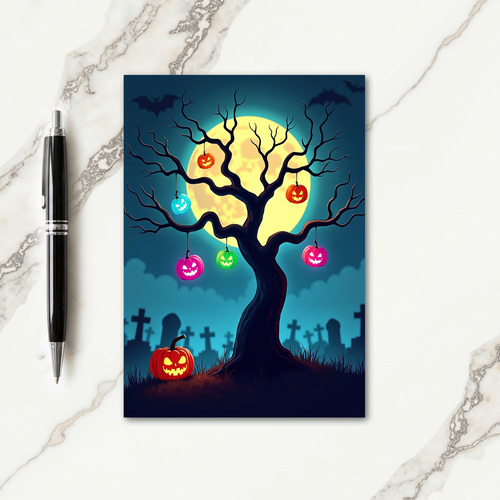 Moonlit Trees Glowing Pumpkins Card
