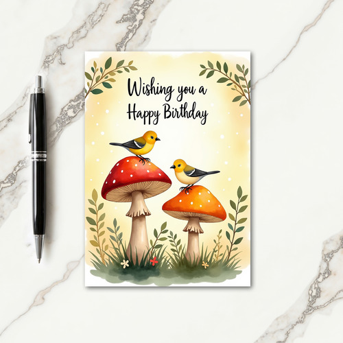 Mushroom Birds Birthday Card