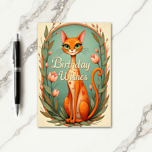 Orange Cat Floral Birthday Card