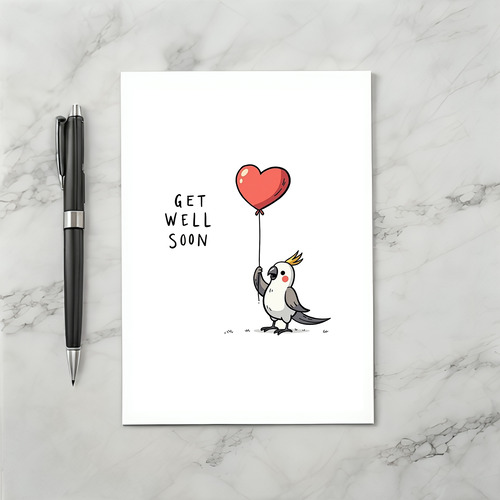 Parrot Holding Heart Balloon Get Well Card