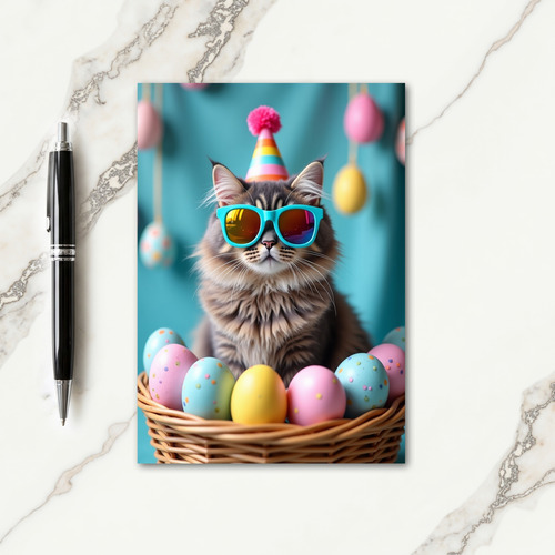 Party Cat In Basket Easter Egg Card