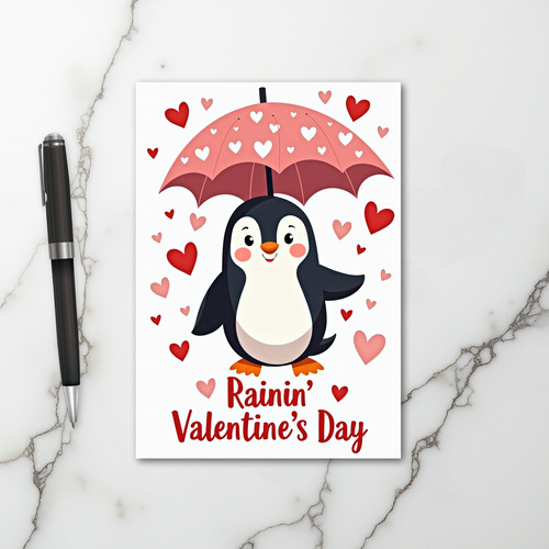 Penguin Rains Hearts Valentines Card