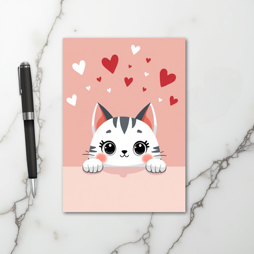 Pink Adorable Cat Valentines Card
