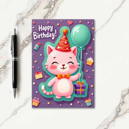 Pink Cat Birthday Joy Card