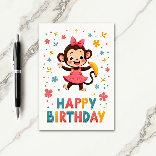 Pink Dress Monkey Birthday Card