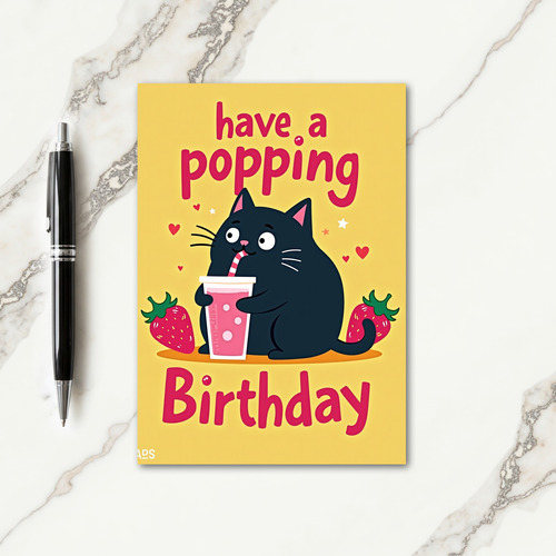 Pink Drink Cat Birthday Card