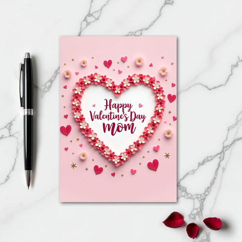 Pink Floral Heart Valentines Mom Card