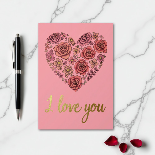 Pink Floral I Love You Heart Card
