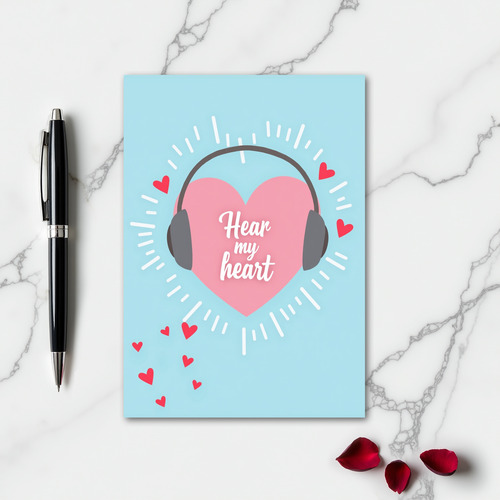 Pink Heart Headphones Love Card