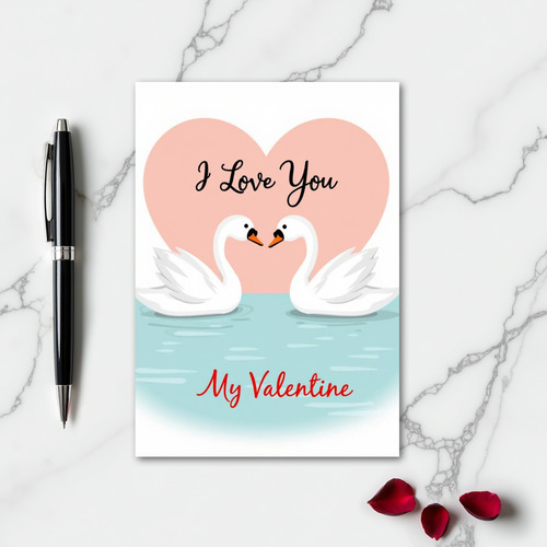 Pink Heart Swans Love Card