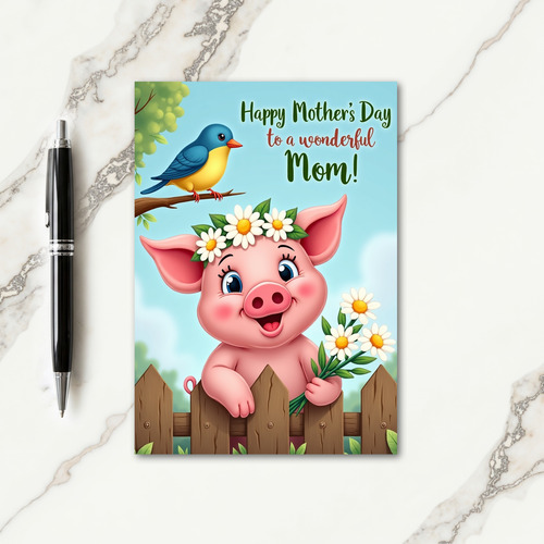 Pink Pig Floral Mothers Day Card