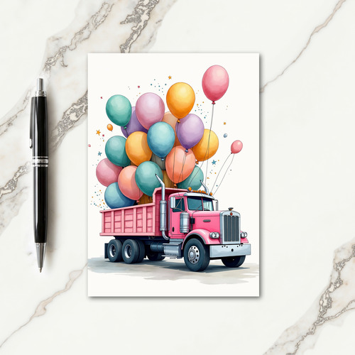 Pink Truck Balloon Birthday Card