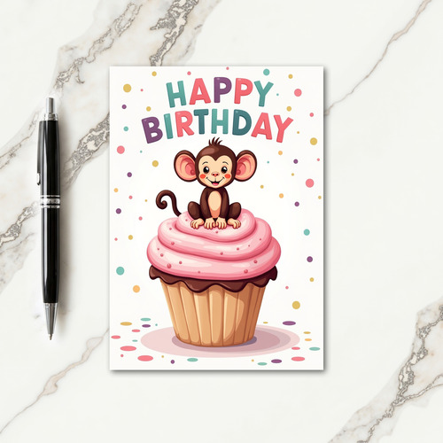 Playful Monkey Cupcake Birthday Card