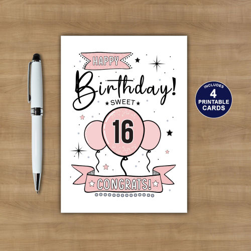 Printable 16th Birthday Card in Pink