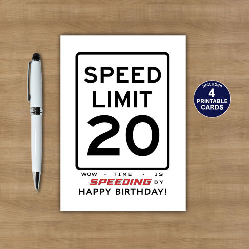 Printable 20th Speed Limit Birthday Card