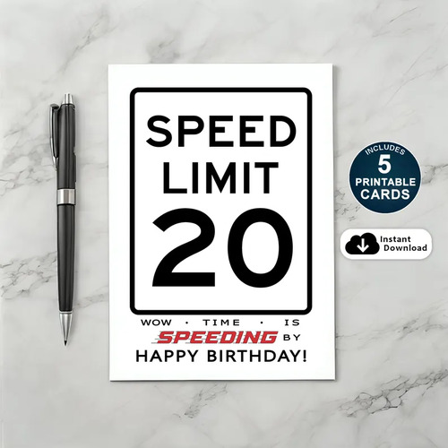 Printable 20th Speed Limit Birthday Card