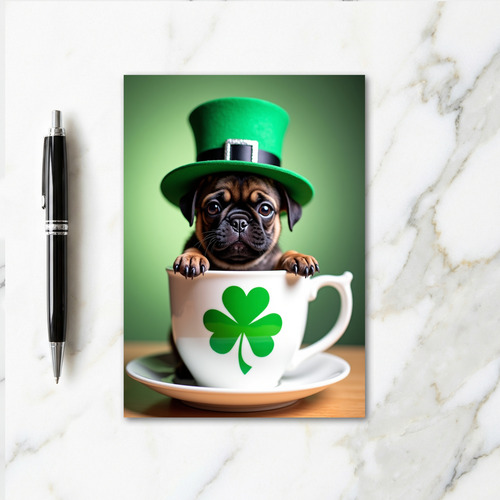 Pug Puppy In Cup Green Top Hat Card