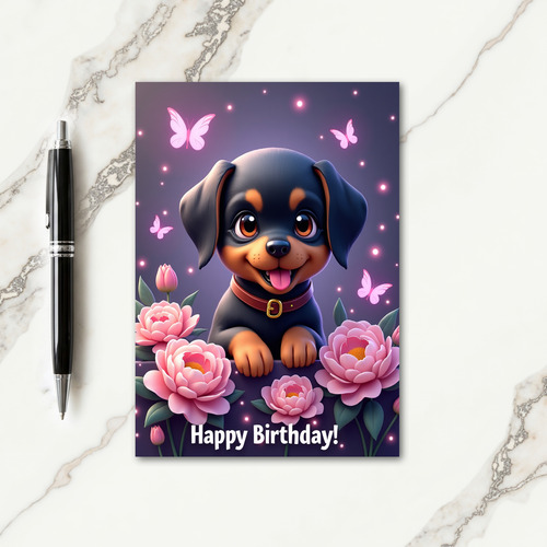 Puppys Peony Birthday Card