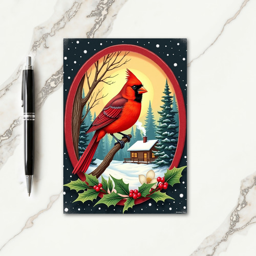 Red Bird Winter Scene Card