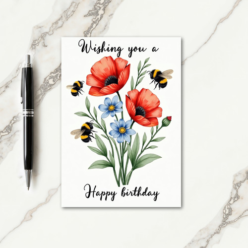 Red Blue Bloom Birthday Card