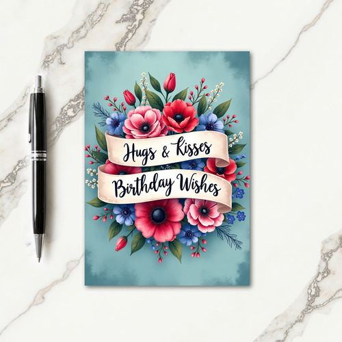 Red Blue Floral Birthday Card