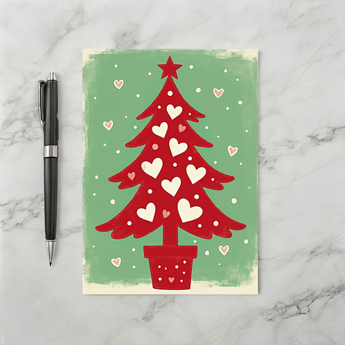 Red Christmas Tree White Hearts Card