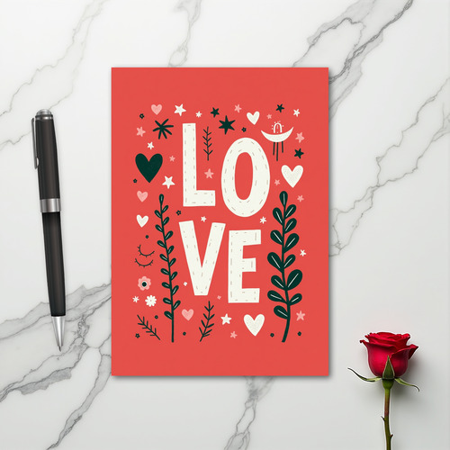 Red Folk Art Love Hearts Card