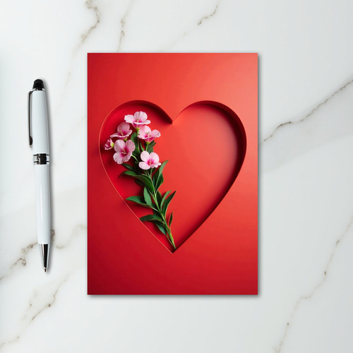 Red Heart Pink Flowers Card