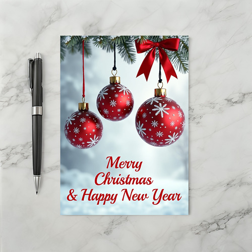 Red Ornaments Pine Bough Christmas Card