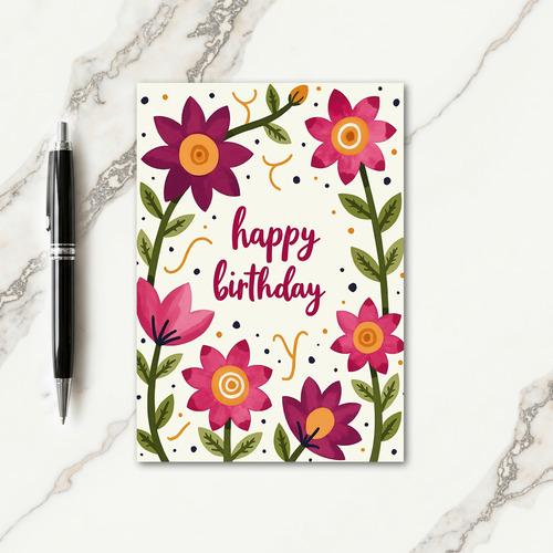 Red Script Floral Birthday Card